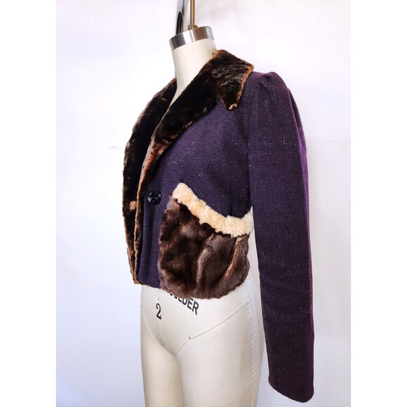 Vintage Wool & Fur Cropped Jacket Blazer Fall Winter Jacket with Fur Collar XS S - Picture 2 of 10